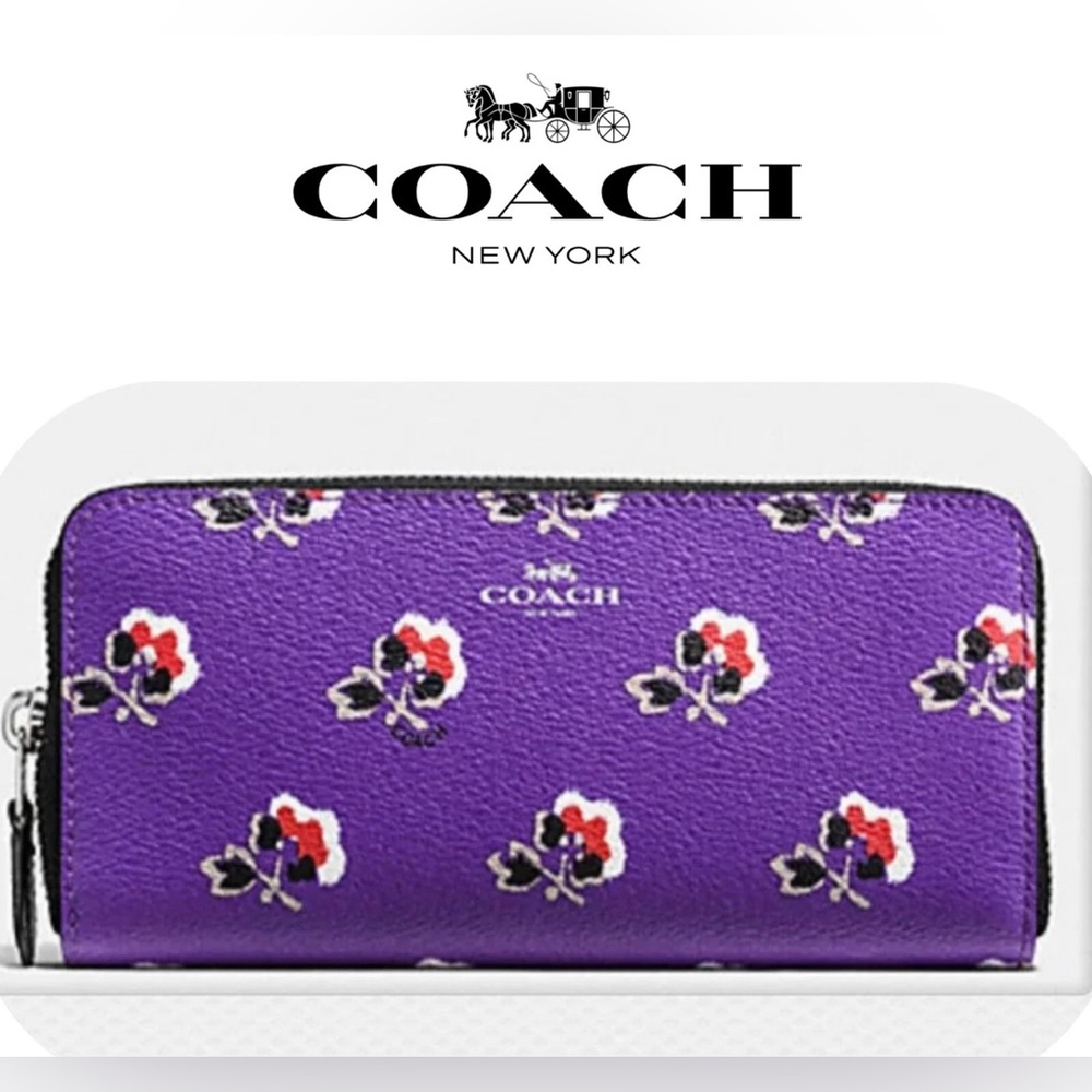 Coach F56732 Bramble Rose Flower Slim Accordion Zip Around Purple Floral Wallet